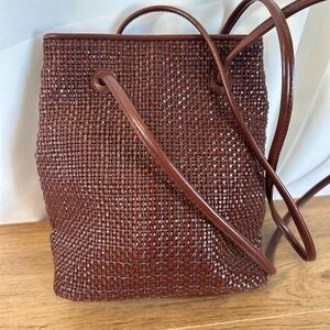 Vintage Nine West Woven Brown Leather Bag Purse Mini Small Tote 90s Y2k